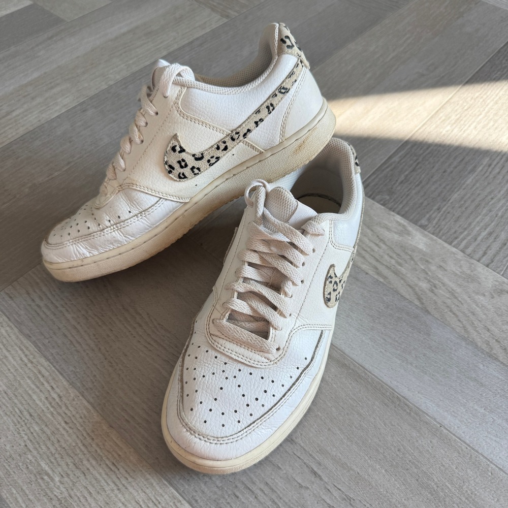 Nike Court Vision Low White Leopard Print Sneakers DD9665-100 Womens 9 Casual